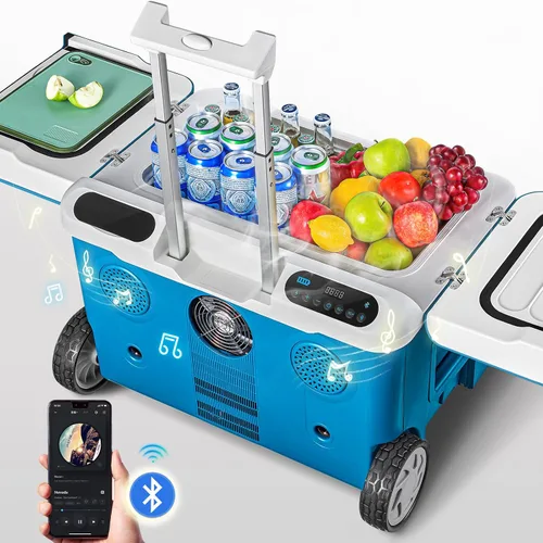 Vista 7 de AAOBOSI Refrigerador de automóvil, 40 cuartos (36 L) portátil de 12 voltios con ruedas, altavoz Bluetooth, mango y batería alimentada, -4 ℉ ~ 68 ℉