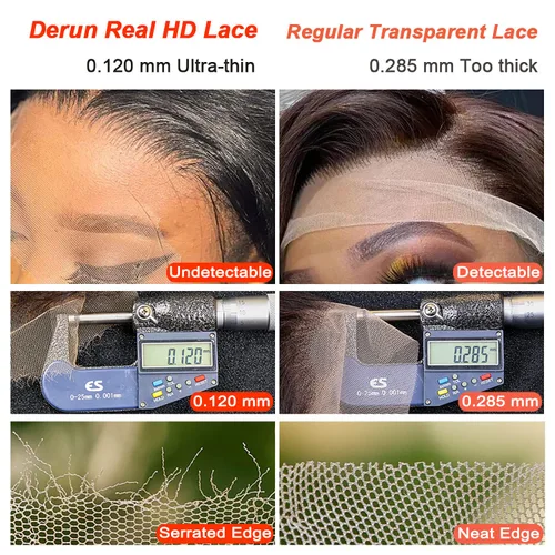 Vista 2 de Derun Pelucas de cabello humano con cierre de encaje HD real de 5 x 5, densidad del 180 %, encaje frontal suizo invisible ondulado, prearrancado