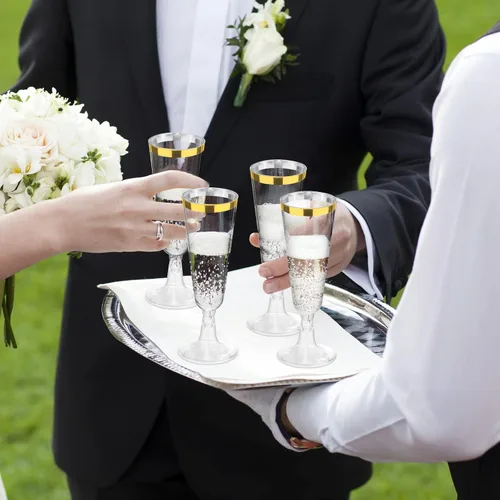 Vista 5 de Ruisita Paquete de 120 copas de champán de plástico de 5 onzas, copas de champán de plástico desechables para fiestas, copas de brindis Dorado