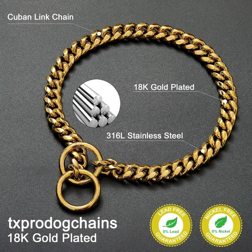 Vista 4 de txprodogchains Collar de Cadena de Oro para Perro de 18K, Cadena de Eslabones Cubanos de 10MM, Cadena de Metal de Acero Inoxidable, Collar
