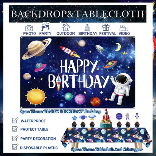 Vista 8 de Outer Space Theme Birthday Party Decorations - Galaxy Party Supplies : Happy Birthday Backdrop, Tablecloth, Rocket ，Astronaut Balloons and