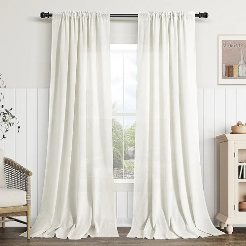 Vista 19 de Guken Cortinas de lino verde aguamarina de 84 pulgadas de largo, juego de 2 paneles semitransparentes con bolsillo para barra para comedor