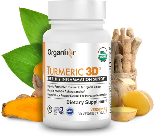 Organixx Suplemento orgánico de curcumina de cúrcuma USDA con Ashwagandha, vitamina D, cúrcuma y jengibre, fermentado para una máxima