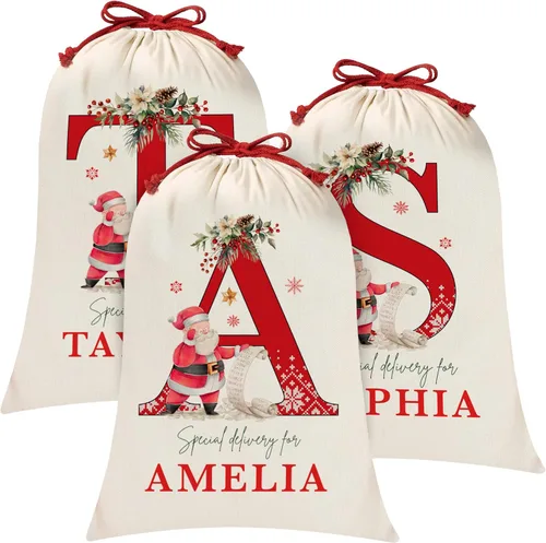 Saco de Santa de Navidad inicial personalizado, bolsa de regalo de Navidad personalizada, bolsa de cordón con monograma