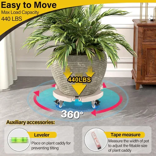 Vista 2 de Goovilla Soporte para Plantas con Ruedas Resistente, 1 Paquete Carrito para Plantas Ajustable 15-22 con Ruedas Giratorias Bloqueables 440LBS