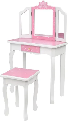 Vista 24 de AOCOROE Juego de mesa de tocador y taburete para niños con espejo, tocador de maquillaje de princesa 2 en 1 con cajón y parte superior desmontable