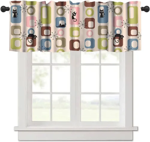 Vista 26 de Cenefa de cortina geométrica para ventanas, cenefa moderna con bolsillo para barra, 1 panel, cortinas cortas abstractas para playa, cortinas cortas