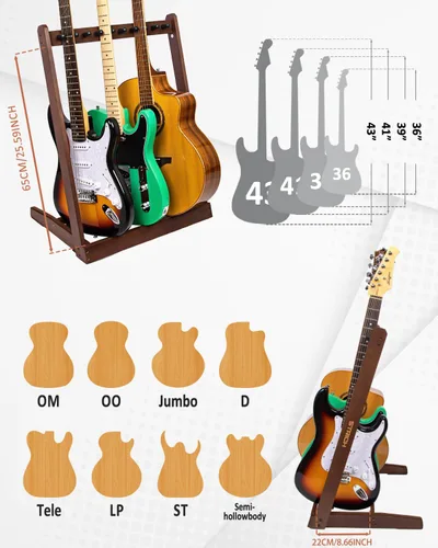 Vista 4 de STRICH SMT-10 - Soporte para guitarras múltiples guitarras, de madera dura para 5 bajo eléctrico o 3 guitarras acústicas, soporte acolchado