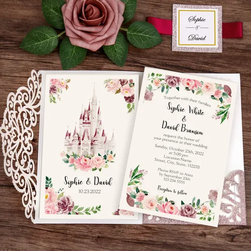 Vista 9 de 50 invitaciones de boda personalizadas de 4.7 x 7 pulgadas, cortadas con láser burdeos, con sobres, bolsillo hueco rosa y purpurina dorada