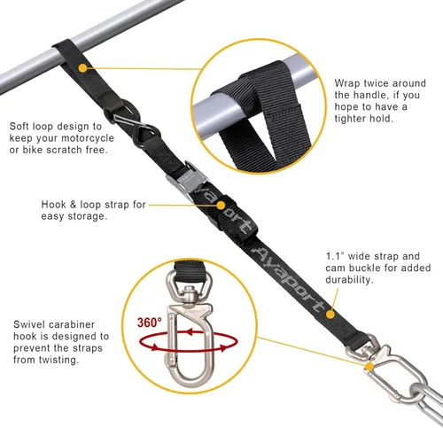 Vista 2 de Ayaport Correas de amarre para motocicleta de 1.1 pulgadas x 7 pies (con ganchos de mosquetón giratorios) con hebilla de leva, correa de manillar
