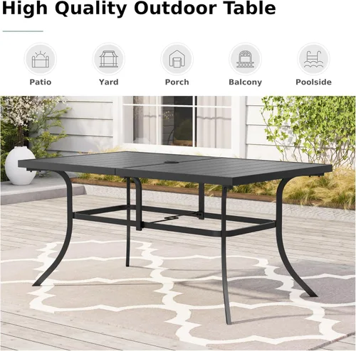 Vista 8 de MFSTUDIO Mesa de comedor de patio al aire libre para 6, mesa rectangular de metal resistente a la intemperie con agujero para sombrilla ajustable