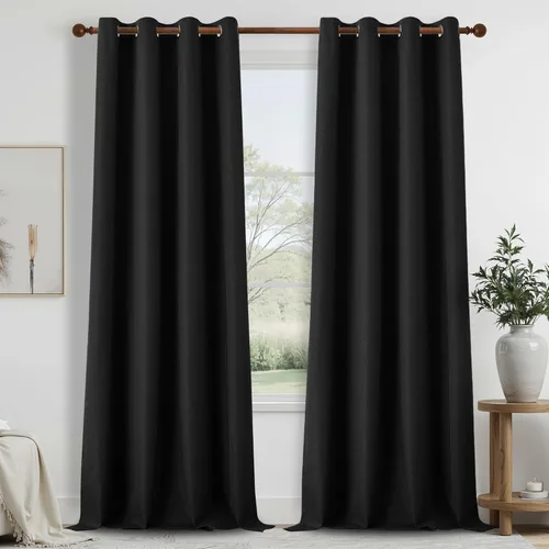 Vista 47 de DONREN Cortinas opacas completas para dormitorio, aislamiento térmico y reducción de ruido, cortinas de lino con ojales para sala de estar y Negro