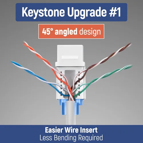 Vista 205 de Everest - Paquete de 50 conectores Keystone RJ45 Cat6 en ángulo de 45°, color blanco, conectores RJ45 hembra de perfil delgado, conector Keystone