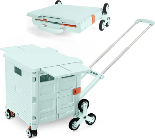 Vista 22 de Carrito plegable portátil con ruedas para compras, 4 ruedas giratorias con mango telescópico de plástico duradero y resistente, para viajes