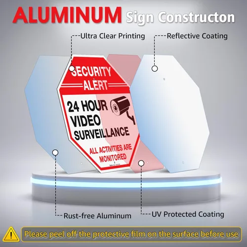 Vista 3 de Faittoo Letrero de seguridad para videovigilancia con estaca de 36 pulgadas para exterior, aluminio pesado libre de óxido, reflectante, resistente a
