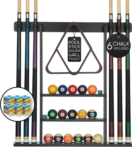 Pool Cue Rack - Pool Stick Holder Wall Mount With 16 Ball Holders & 6 Pack Of Chalk - Rubber Circle Pads & Large Clips Prevent Damage - Billiard