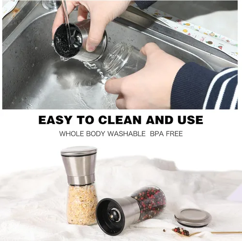 Vista 5 de Juego de molinillo de sal y pimienta recargable, molinillo de sal y pimienta de acero inoxidable con grosor ajustable