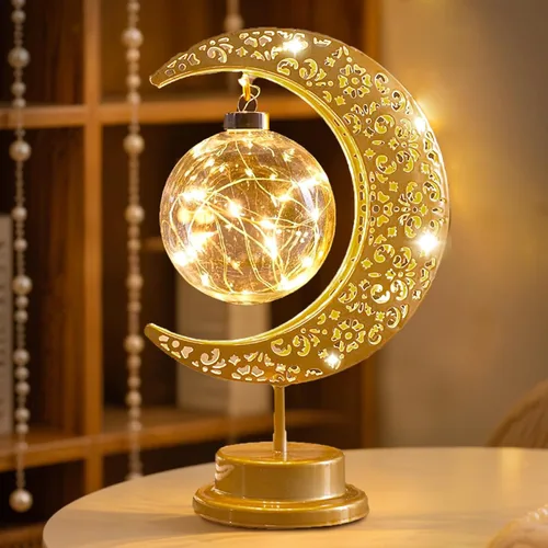 Lámpara de luna con globo colgante, lámpara de mesa decorativa de luna creciente, funciona con pilas, decoración islámica de metal retro, luz LED de
