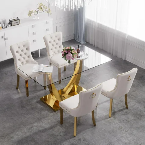Juego de mesa de comedor de cristal moderno de mediados de siglo para 4, 63 pulgadas, juego de comedor rectangular grande de lujo con parte superior