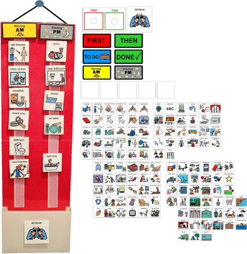 Vista 16 de Programa visual para niños – 133 tarjetas de plástico duraderas con imágenes y monedas de lazo suave Rutina diaria y tabla de recompensas de Rojo