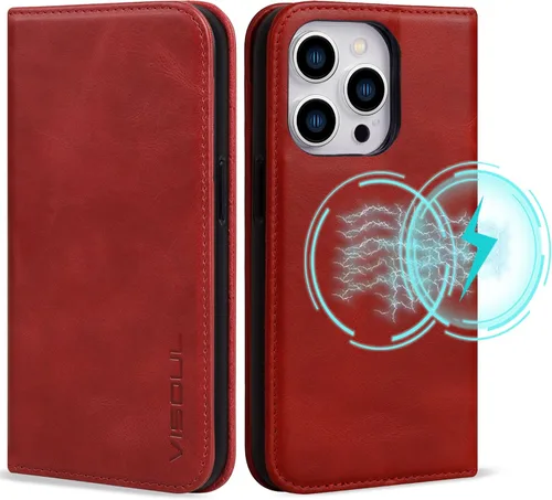 Vista 13 de VISOUL Funda de cuero para iPhone 15 Pro Max, funda tipo cartera de piel auténtica con ranuras para tarjetas, función atril, a prueba de golpes