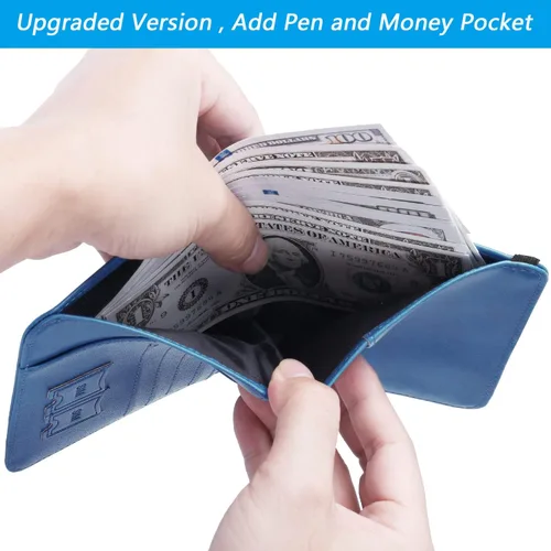 Vista 3 de Funda para pasaporte, cartera, artículos esenciales de viaje, con bloqueo RFID, funda de piel para tarjetas de viaje internacionales, accesorios