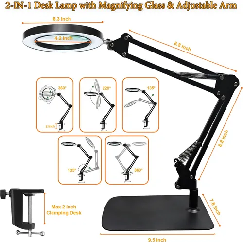 Vista 4 de Lupa 15X con luz - Lente de cristal real, 3 modos de color y brillo ajustable - Lámpara de escritorio 2 en 1 con abrazadera y base pesada - Brazo