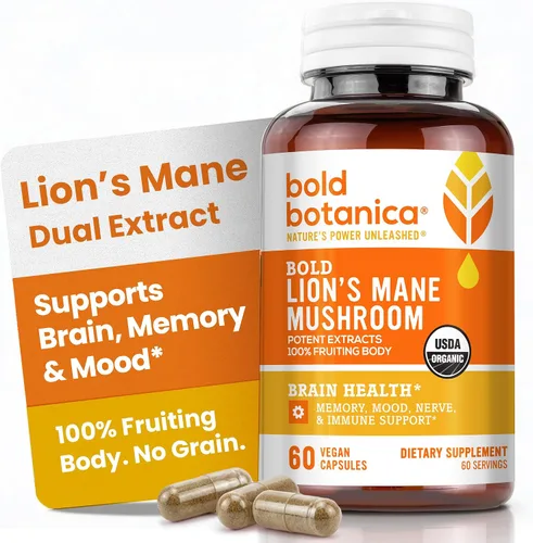 Bold Botanica Cápsulas orgánicas de suplemento de melena de leones – 100% extracto dual de cuerpo fructífero – 115 mg de beta-glucanos – Extracto de