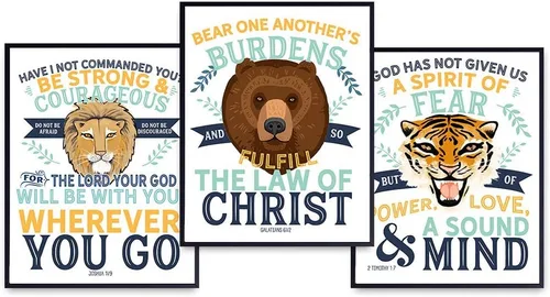 Religious Educational Christian Home Decor Wall Art Set - Scripture Bible Verse Quotes - Jungle Animals Decorations for Boys Bedroom, Kids Room,