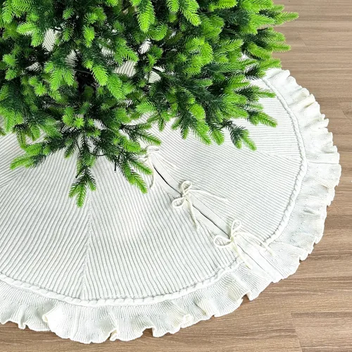 Vista 8 de Suéter de 36 pulgadas con volantes, falda de árbol de Navidad de punto con lazos de encaje, color burdeos
