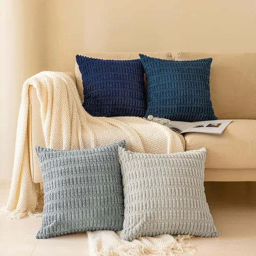 Vista 21 de Softalker Juego de 4 fundas de almohada de pana suave a rayas bohemias de 16 x 16 pulgadas, fundas decorativas modernas para sofá, dormitorio, sala