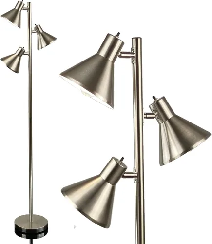 LIGHTACCENTS Lámpara de pie de níquel cepillado con 3 luces ajustables para sala de lectura, lámpara de pie estilo árbol con luces ajustables, luz