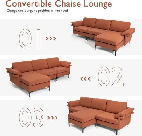 Vista 31 de Giantex Sofá modular de 3 asientos, 100.5 pulgadas de largo convertible con puerto USB y tomacorriente, cojín para reposabrazos, sofá modular