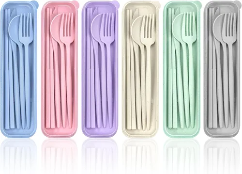 Vista 9 de DISSKNIC Utensilios de viaje reutilizables con estuche, 4 juegos de cubiertos, juego de cucharas y tenedores, utensilios de plástico reutilizables