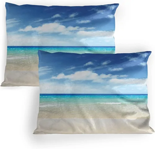 Vista 16 de Lunarable Ocean Pillow Sham Set of 2, Sunset at a Smooth Sandy Beach with Small Wave and Bubbles from The Sea, Quality Microfiber Bedding Item for