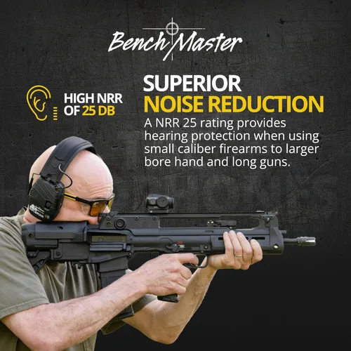 Vista 2 de BenchMaster Rifleman TAC - Orejeras electrónicas para disparos, 25 dB, reducción de ruido, auriculares con cancelación de ruido, tiempo de reacción