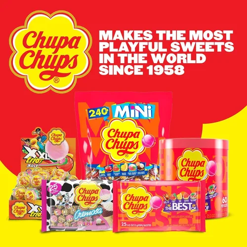 Vista 10 de Chupa Chups Surtido de mini piruletas, 5 sabores, dulces envueltos individualmente para niños, bolsa de 50.8 onzas (240 ventosas)