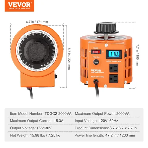 Vista 7 de VEVOR Transformador de voltaje variable automático 2000VA, 15.3 amperios, entrada de 110 V, 0-130 V, regulador de voltaje de CA, con pantalla LCD, 4