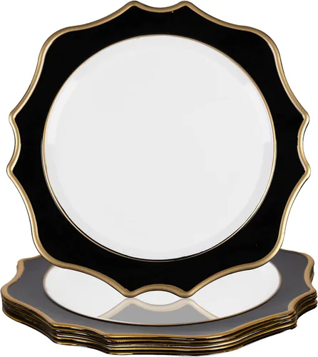 MAONAME Juego de 6 platos base negros de 13", platos base festoneados con borde dorado, bases redondas para platos de cena, plato base de plástico