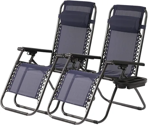 Vista 11 de PayLessHere Juego de 2 sillas de descanso ajustables de gravedad cero, silla de playa plegable con almohada extraíble y soporte para tazas para Negro