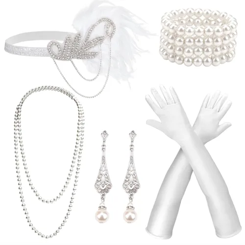 Vista 19 de DRESHOW Juego de accesorios del Gran Gatsby de los años 20 para mujer, accesorios de disfraz de flapper, diadema de plumas, juego de accesorios de 1
