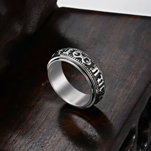 Vista 2 de JAJAFOOK Anillo giratorio de acero inoxidable tibetano con seis sílabas auténticas mantra sánscrito Om Mani Padme Hum