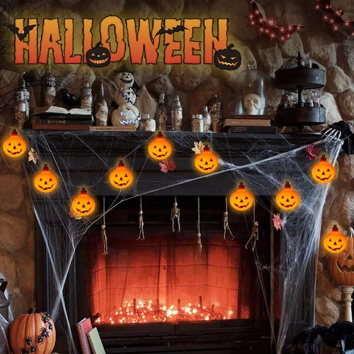 Vista 7 de Couah Guirnalda de luces LED de calabaza de Halloween, luces de linterna Jack O de 8.5 pies con 10 calabazas enchufables, impermeables