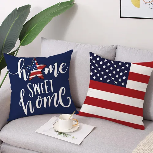 Vista 2 de Juego de 4 fundas de almohada decorativas para el 4 de julio, 18 x 18 pulgadas, juego de 4 fundas de almohada con diseño de estrellas y rayas
