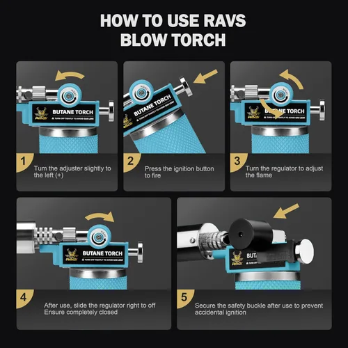 Vista 9 de RAVS Encendedor de butano, soplete de cocina recargable con llama ajustable y hebilla de seguridad, mini linterna de metal premium para hornear