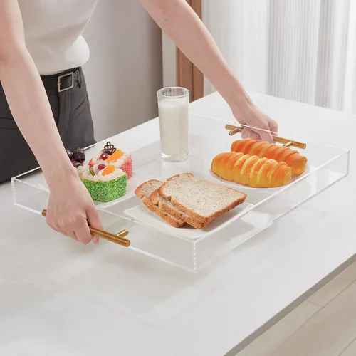 Vista 7 de Bandeja grande de acrílico transparente para servir (16 x 18 pulgadas) con asas doradas, bandeja decorativa acrílica a prueba de derrames