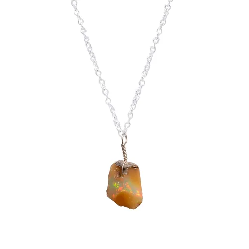 Vista 2 de 4pcs Raw Ethiopian Opal Rough Crystal Pendant + 1 Silver Plated Chain 18 inch, Natural Gemstones, Fire Play Healing Crystals