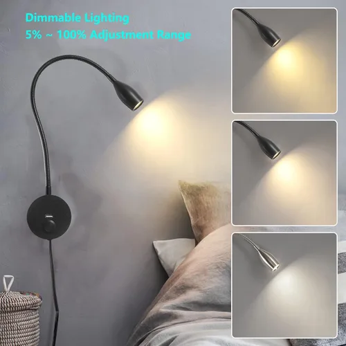 Vista 3 de Luz LED de lectura de pared con puerto de carga USB, interruptor regulable táctil, lámpara de noche de cuello de cisne, brazo flexible, 3 W