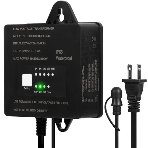 Vista 9 de Transformador de bajo voltaje de 60 W con temporizador y sensor de fotocélula, 120 V CA a 12 V CC, IP65 impermeable, suministro para luz LED