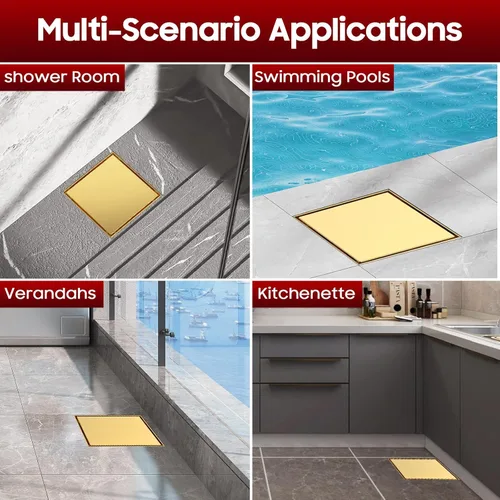 Vista 7 de DLONE Drenaje de ducha cuadrado Drenaje de ducha de 6 pulgadas de acero inoxidable AISI 304 dorado cepillado con panel de inserción de azulejos 2